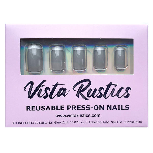 24 Pcs Press on Nails -Slate Gray French